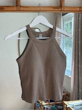 Uniqlo Ribbed High-Neck Tank Top - Taupe Brown